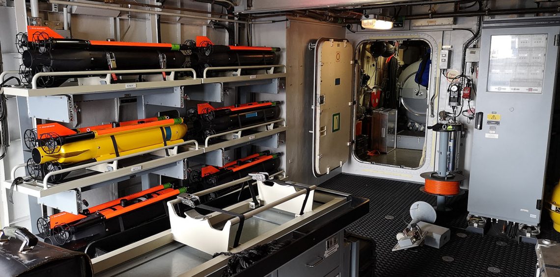 Hangar auf einem Minenjagdboot Klasse 332CL