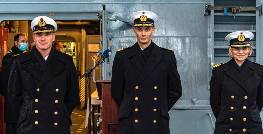 Frigate Captain Phillip Wohlrab, Commander of the 1st Corvette Squadron, Frigate Captain Kenneth Harms, Corvette Captain Bianca Seifert, Photo: D. Angres