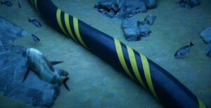 Unterseekabel am Meeresboden mit Fischen und Felsen.