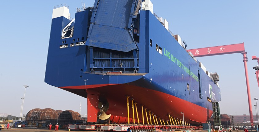Shipping company UECC celebrates the launch of the third LNG battery hybrid newbuilding. Photo: Jiangnan Shipyard
