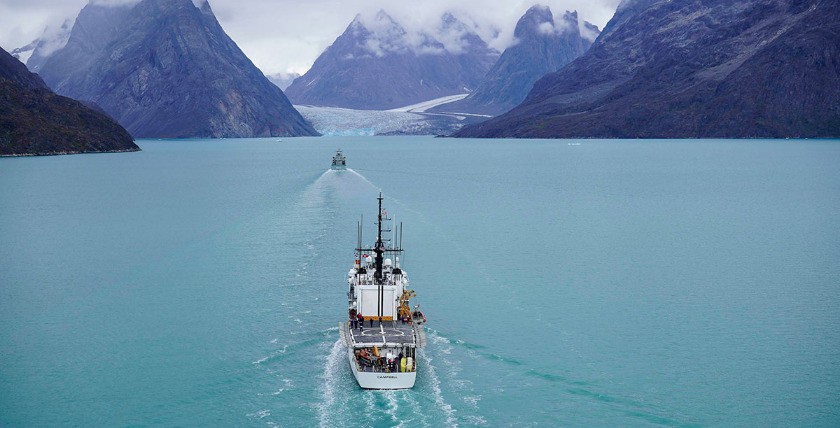 USCGC Campbell and HDMSKnud Rasmussen in a Greenlandic fjord, photo: US DoD