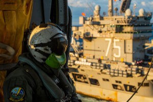 US-Soldat vor der imposanten Kulisse des Flugzeugträgers Harry S. Truman, Fotos: US Navy