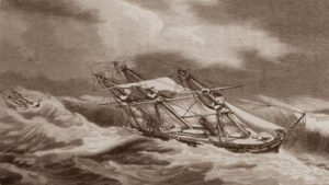 ARCONA und FRAUENLOB im Taifun, Abbildung aus: Reinhold von Werner, Das Buch von der Deutschen Flotte, 1889 