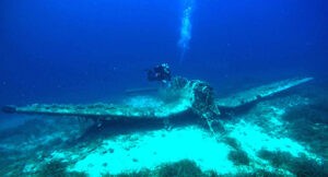Die abgestürzte Stuka bei Žirjemit den typischen geknickten Tragflächen