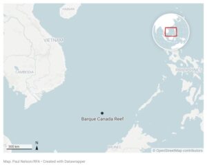 Lageplan des Atolls ‚Barque Canada Reef‘. Grafik: OpenStreetMap – Paul Nelson/RFA