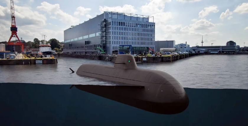 U212CD vor der Werfthalle von tkMS in Kiel, Grafik: tkMS