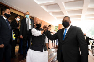 Indiens Verteidigungsminister Rajnath Singh und sein amerikanischer Kollege Lloyd Austin 2021 in Neu-Delhi, Foto: US DoD