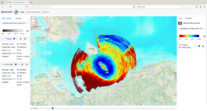 Screenshot des Demonstrators EMMI4SPP mit einer Vorhersage der bistatischen Entdeckungswahrscheinlichkeit in einem fiktiven Szenario