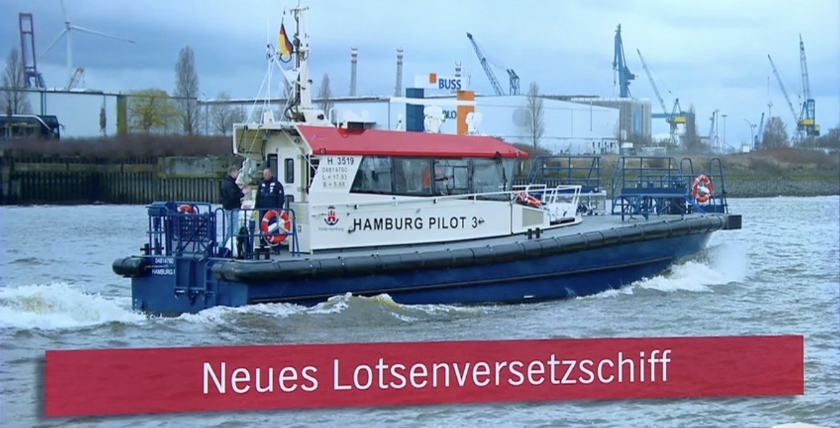 Lotsenversetzschiff „Hamburg Pilot 3“ ergänzt die Hafenflotte. Bild (Screenshot): NDR