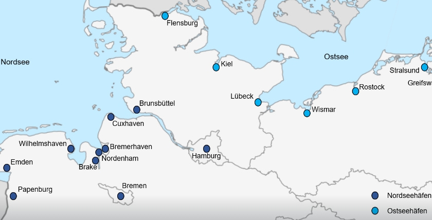Deutsche Häfen an Nord- und Ostsee. Grafik: FIS nach ZDS16
