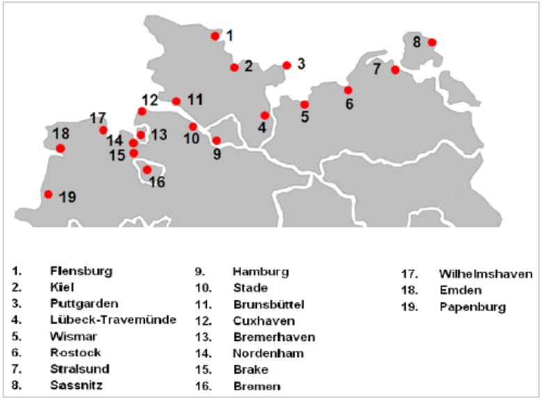 berücksichtigte deutsche Seehäfen in der Seeverkehrsprognose 2030. Grafik: Bundesministerium für Verkehr (BMV)