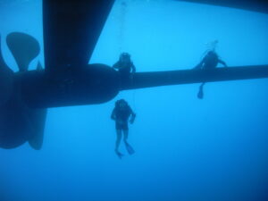 Schwimmtaucher an einer Schiffswelle, Foto: Bw