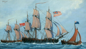 Die Fregatte Columbus, ein ehemaliges Handelsschiff, bringt die britische Brigg Lord Lifford als Prise ein, Abbildung: Naval History and Heritage Command