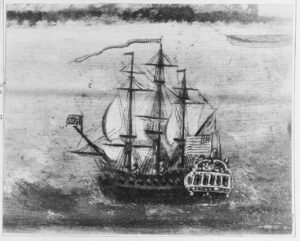 Zeitgenössische Abbildung der unter CaptainJohn Barry fahrenden Fregatte Alliance, angefertigt durch einen an Bord dienenden Offizier der Marineinfanterie, Abbildung: Naval History and Heritage Command