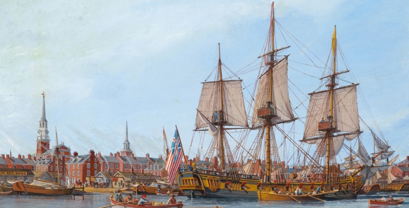 Im Hafen von Philadelphia liegt das erste amerikanische Flaggschiff, die Alfred. Ölgemälde von William Nowland van Powell, 1974. Abbildung: Naval History and Heritage Command