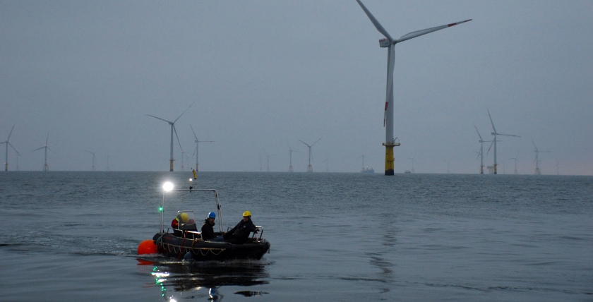 Unterwegs zwischen Windrädern in der Nordsee nördlich von Helgoland, Foto: Phillipp Steiner